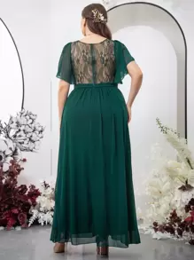 SHEIN Belle 大碼蕾絲拼接蝴蝶袖雪紡伴娘連衣裙 - 墨綠色 - 查看 2