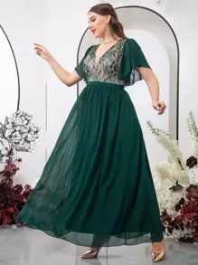 SHEIN Belle 大碼蕾絲拼接蝴蝶袖雪紡伴娘連衣裙 - 墨綠色 - 查看 3