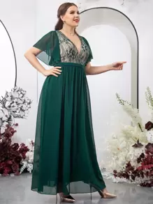 SHEIN Belle 大碼蕾絲拼接蝴蝶袖雪紡伴娘連衣裙 - 墨綠色 - 查看 4