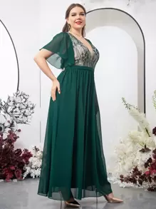 SHEIN Belle 大碼蕾絲拼接蝴蝶袖雪紡伴娘連衣裙 - 墨綠色 - 查看 5