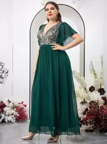 SHEIN Belle 大碼蕾絲拼接蝴蝶袖雪紡伴娘連衣裙 - 墨綠色 - 查看 6