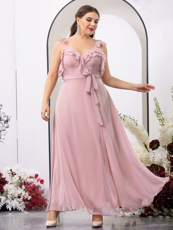 SHEIN Belle fırfır Bölünmüş Sade Parti Plus Size Bridesmaid Dresses