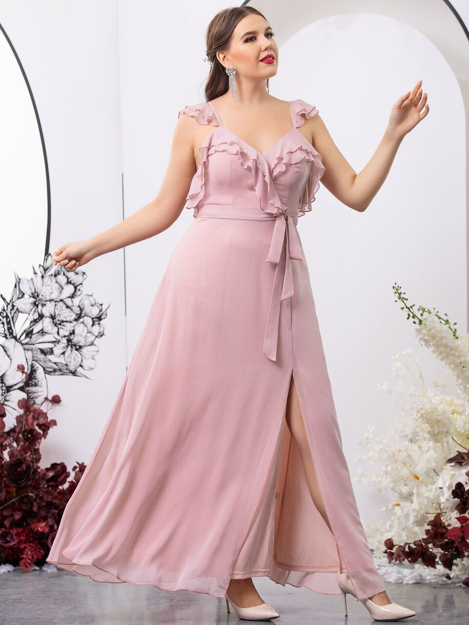 Plus Ruffle Trim Belted Chiffon Bridesmaid Dress