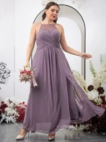 SHEIN Belle Plus Mesh Insert Lace Detail Slit Hem Chiffon Bridesmaid Dress - Purple - View 1