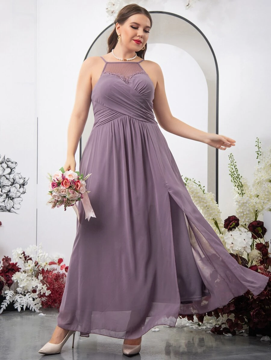 SHEIN Belle Plus Mesh Insert Lace Detail Slit Hem Chiffon Bridesmaid Dress - Purple - View 1