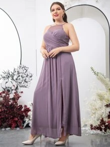 SHEIN Belle Plus Mesh Insert Lace Detail Slit Hem Chiffon Bridesmaid Dress - Purple - View 3