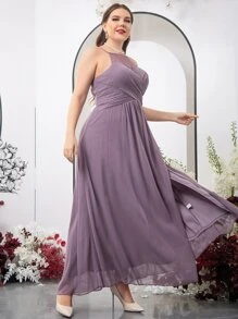 SHEIN Belle Plus Mesh Insert Lace Detail Slit Hem Chiffon Bridesmaid Dress - Purple - View 5