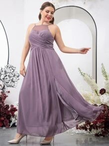 SHEIN Belle Plus Mesh Insert Lace Detail Slit Hem Chiffon Bridesmaid Dress - Purple - View 6