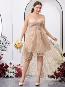 SHEIN Belle Plus Floral Embroidered Applique High Low Lace Tube Dress - Apricot - View 1