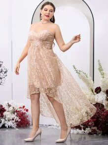 SHEIN Belle Plus Floral Embroidered Applique High Low Lace Tube Dress - Apricot - View 3