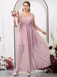 SHEIN Belle Vestido de dama de honor con lentejuelas con bordado aplique con tira cruzada de cuello halter de gasa