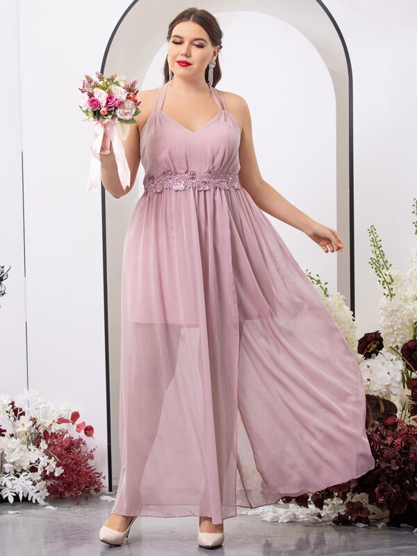 SHEIN Belle Aplikler Sırtsız Geri Kravat Sarmal Sade Parti Plus Size Bridesmaid Dresses