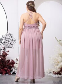 SHEIN Belle Vestido de dama de honor con lentejuelas con bordado aplique con tira cruzada de cuello halter de gasa