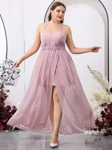 SHEIN Belle Vestido de dama de honor con lentejuelas con bordado aplique con tira cruzada de cuello halter de gasa