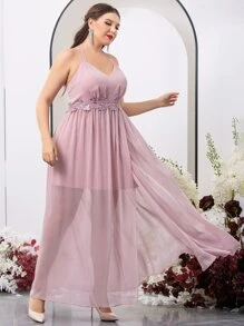 SHEIN Belle Vestido de dama de honor con lentejuelas con bordado aplique con tira cruzada de cuello halter de gasa