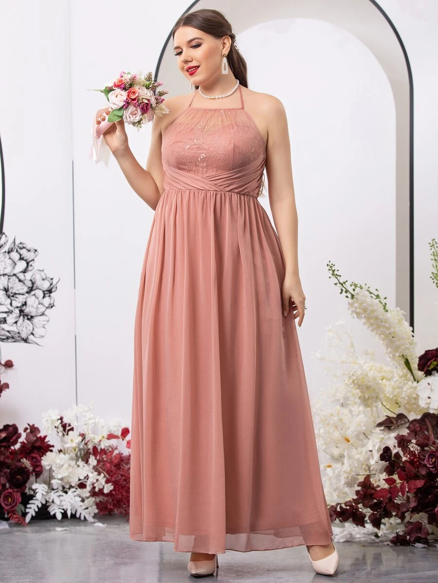 SHEIN Belle Plus Contrast Lace Halter Neck Backless Chiffon Bridesmaid Dress - Pink - View 1