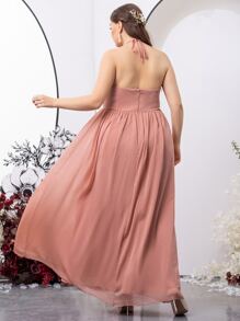 SHEIN Belle Plus Contrast Lace Halter Neck Backless Chiffon Bridesmaid Dress - Pink - View 2