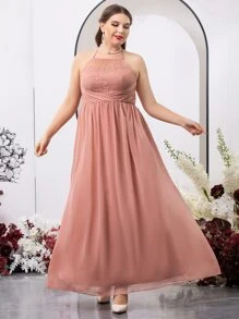 SHEIN Belle Plus Contrast Lace Halter Neck Backless Chiffon Bridesmaid Dress - Pink - View 4