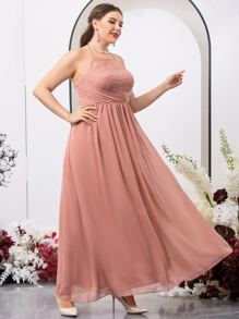 SHEIN Belle Plus Contrast Lace Halter Neck Backless Chiffon Bridesmaid Dress - Pink - View 5