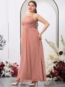 SHEIN Belle Plus Contrast Lace Halter Neck Backless Chiffon Bridesmaid Dress - Pink - View 6
