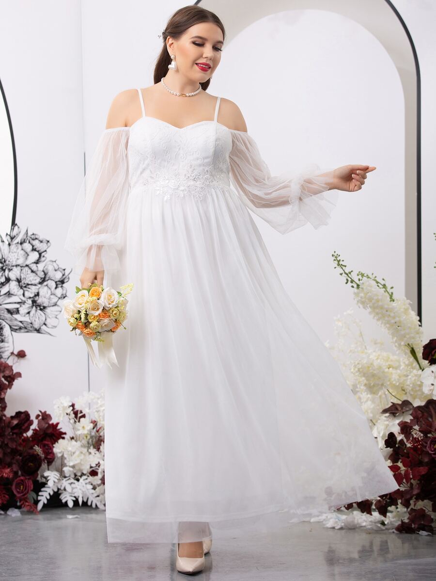 SHEIN Belle Plus Sequin Insert Floral Embroidered Cold Shoulder Flounce Sleeve Mesh Wedding Dress - White - View 1