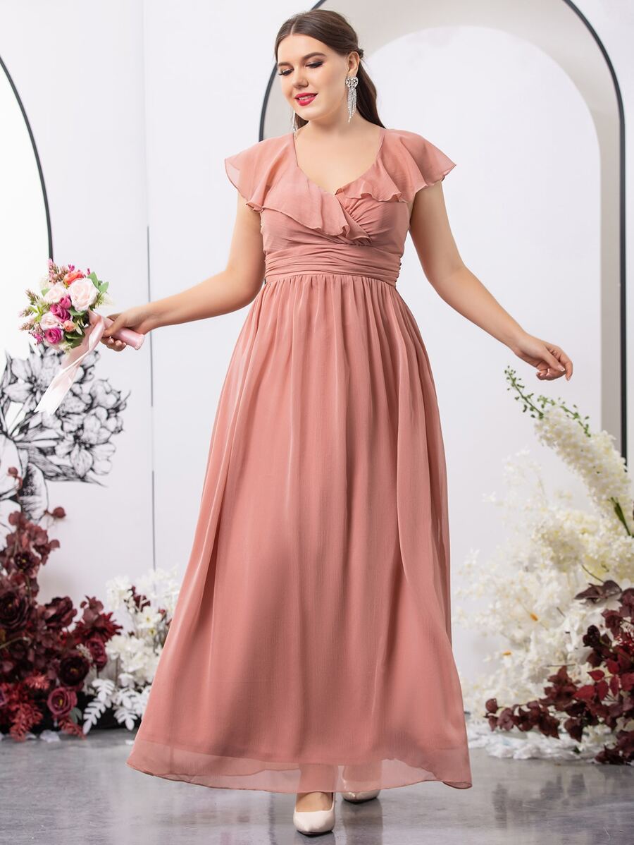 SHEIN Belle Plus Ruffle Trim Overlap Collar Tie Back Chiffon Bridesmaid Dress - Pink - View 1