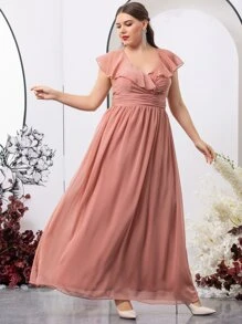 SHEIN Belle Plus Ruffle Trim Overlap Collar Tie Back Chiffon Bridesmaid Dress - Pink - View 3