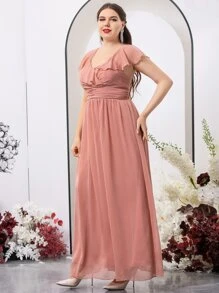 SHEIN Belle Plus Ruffle Trim Overlap Collar Tie Back Chiffon Bridesmaid Dress - Pink - View 4