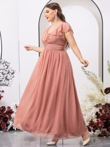SHEIN Belle Plus Ruffle Trim Overlap Collar Tie Back Chiffon Bridesmaid Dress - Pink - View 5
