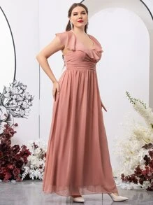 SHEIN Belle Plus Ruffle Trim Overlap Collar Tie Back Chiffon Bridesmaid Dress - Pink - View 6