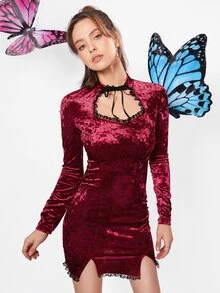 SHEIN Tie Neck Lace Trim Split Hem Velvet Dress - Burgundy - View 5