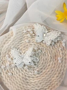 2pcs Women's Elegant Butterfly Hair Clips, White 3D Butterfly & Pearl Mesh Hair Clips, Suitable For Daily, Festivals, Gatherings, Parties - White - View 3