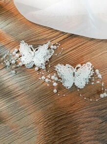 2pcs Women's Elegant Butterfly Hair Clips, White 3D Butterfly & Pearl Mesh Hair Clips, Suitable For Daily, Festivals, Gatherings, Parties - White - View 4
