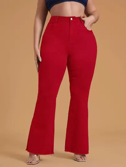 SHEIN Essnce 大碼高腰斜口袋毛邊牛仔喇叭褲