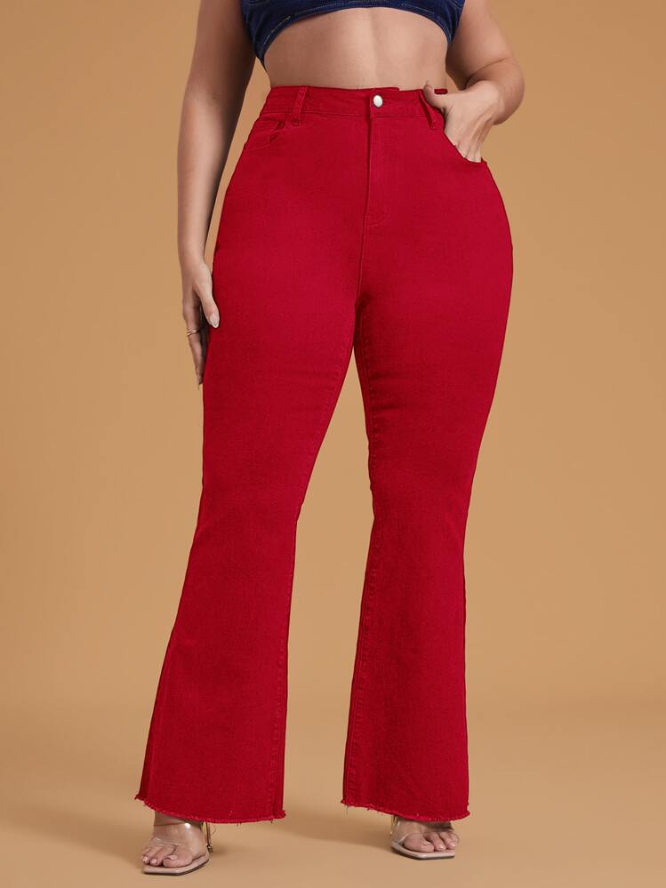 SHEIN Essnce 大碼高腰斜口袋毛邊牛仔喇叭褲 - 紅色 - 查看 1