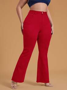 SHEIN Essnce 大碼高腰斜口袋毛邊牛仔喇叭褲 - 紅色 - 查看 3
