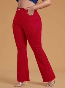 SHEIN Essnce 大碼高腰斜口袋毛邊牛仔喇叭褲 - 紅色 - 查看 4