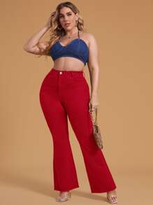 SHEIN Essnce 大碼高腰斜口袋毛邊牛仔喇叭褲 - 紅色 - 查看 5