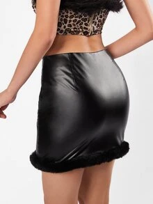 SHEIN Contrast Fuzzy Trim PU Leather Skirt - Black - View 4