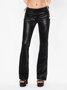 SHEIN ICON 90s Lace Up Side PU Leather Trousers - Black - View 1