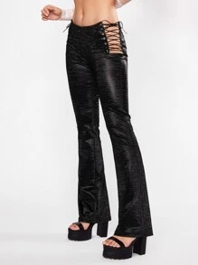 SHEIN ICON 90s Lace Up Side PU Leather Trousers - Black - View 3
