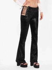 SHEIN ICON 90s Lace Up Side PU Leather Trousers - Black - View 4