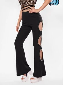 SHEIN ICON Rhinestone Trim Cut Out Flare Leg Trousers - Black - View 3