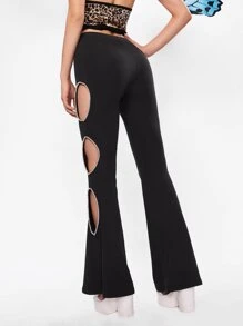 SHEIN ICON Rhinestone Trim Cut Out Flare Leg Trousers - Black - View 2