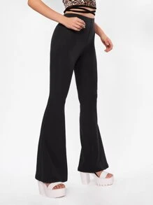 SHEIN ICON Rhinestone Trim Cut Out Flare Leg Trousers - Black - View 4