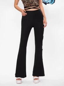 SHEIN ICON Rhinestone Trim Cut Out Flare Leg Trousers - Black - View 5