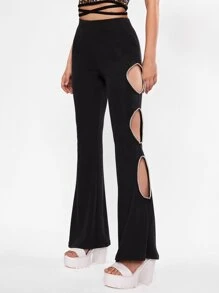 SHEIN ICON Rhinestone Trim Cut Out Flare Leg Trousers - Black - View 1