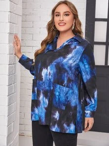 Plus Tie Dye Patched Pocket Blouse - Multicolor - View 5