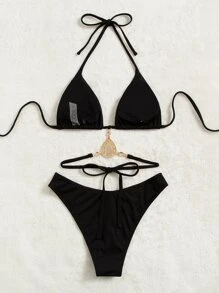 SHEIN PETITE Bikini Halter Con Cordones Para La Playa De Verano - Negro - Ver 2