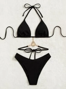 SHEIN PETITE Bikini Halter Con Cordones Para La Playa De Verano - Negro - Ver 4